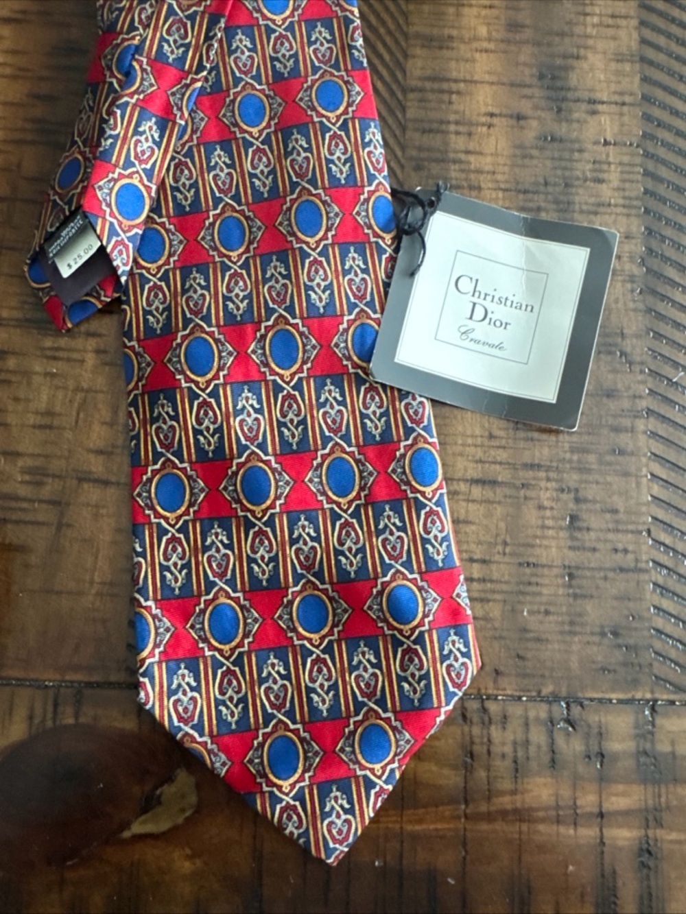 Vintage Christian Dior Cravate Silk Tie Necktie Red Geometric 4"x57.5" Wide